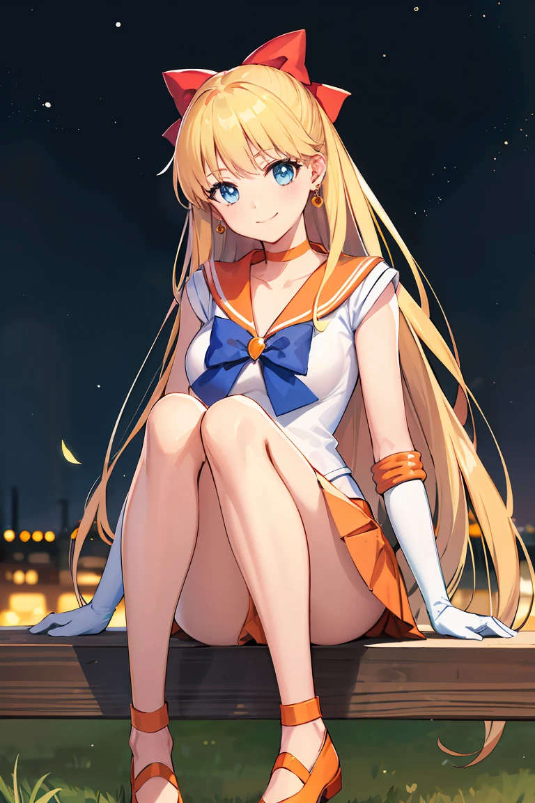 masterpiece, Highest quality, High resolution, Venus 1, One girl, alone, Sailor Warrior Uniforms, Sailor Venus, aino minako, Blonde, Magical girl, blue eyes, Orange Skirt, Elbow hand pockets, tiara, Pleated skirt, Hair Ribbon, Orange sailor collar, mini skirt, choker, Red Bow, orange choker, White gloves, Very long hair,  jewelry,  Earrings, Sitting, Legs are M-shaped legs,Background is a park at night,smile