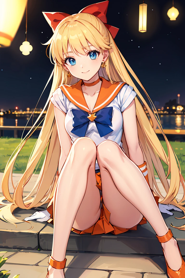 masterpiece, Highest quality, High resolution, Venus 1, One girl, alone, Sailor Warrior Uniforms, Sailor Venus, aino minako, Blonde, Magical girl, blue eyes, Orange Skirt, Elbow hand pockets, tiara, Pleated skirt, Hair Ribbon, Orange sailor collar, mini skirt, choker, Red Bow, orange choker, White gloves, Very long hair,  jewelry,  Earrings, Sitting, Legs are M-shaped legs,Background is a park at night,smile