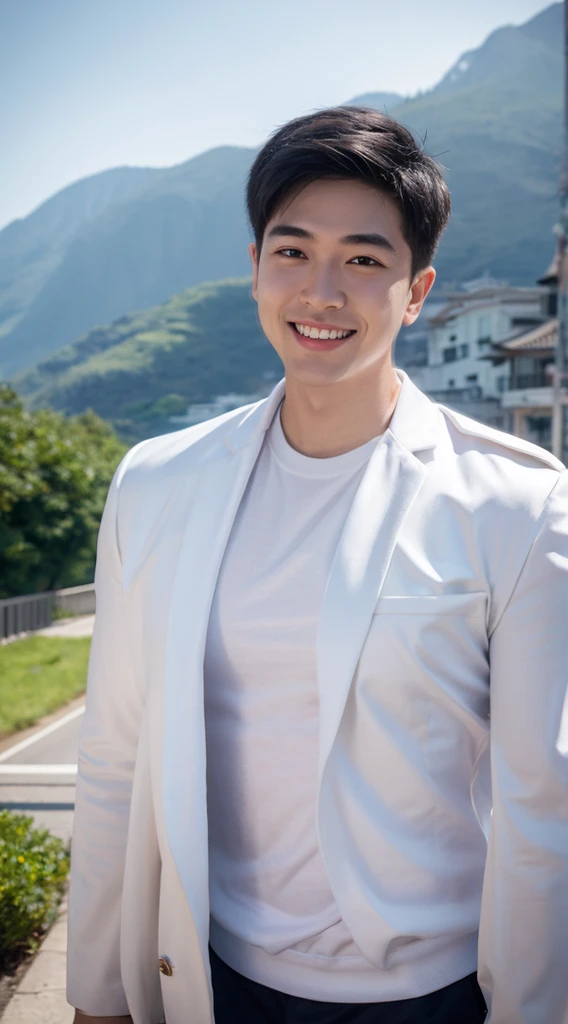 Masterpiece, best quality best, 1 young man, Asian man, East Asian people, one person, The muscles are in good proportion., Posing obscenely, short hair details，smile, white teeth, jacket set, road background, Realistic style，photography，Can be seen from the front, see viewers