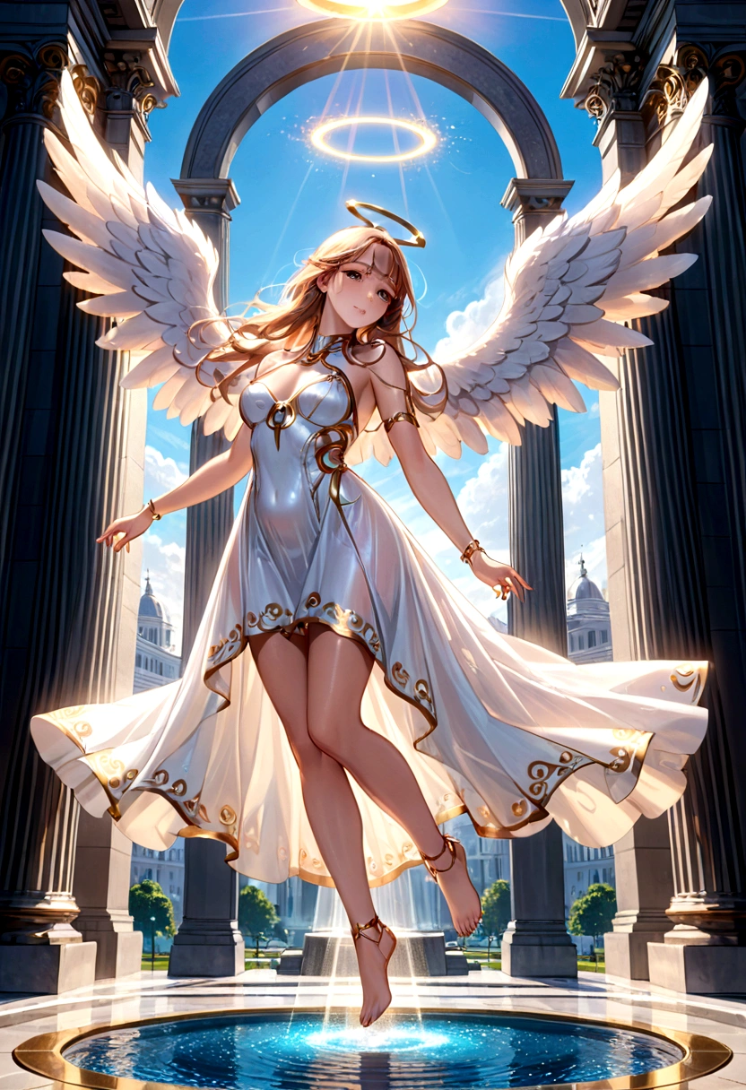 beautiful busty Angel, Wearing a gorgeous dress that covers the whole body, luxurly gawn,Floating in the air, angel wings, (angel ring:1.3), outdoor, detailed face, detailed eyes, detailed lips, detailed nose, detailed foot, full body shot, giga_busty