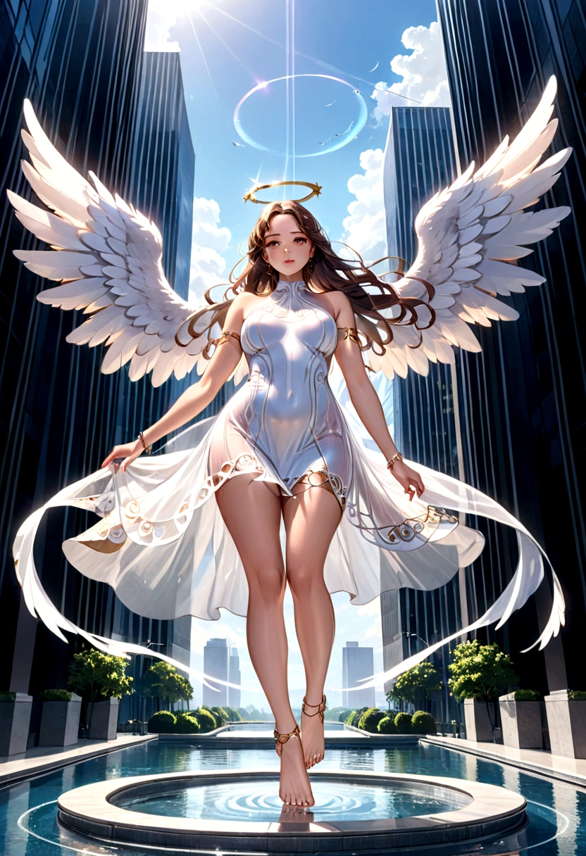 beautiful busty Angel, Wearing a gorgeous dress that covers the whole body, luxurly gawn,Floating in the air, angel wings, (angel ring:1.3), outdoor, detailed face, detailed eyes, detailed lips, detailed nose, detailed foot, full body shot, giga_busty