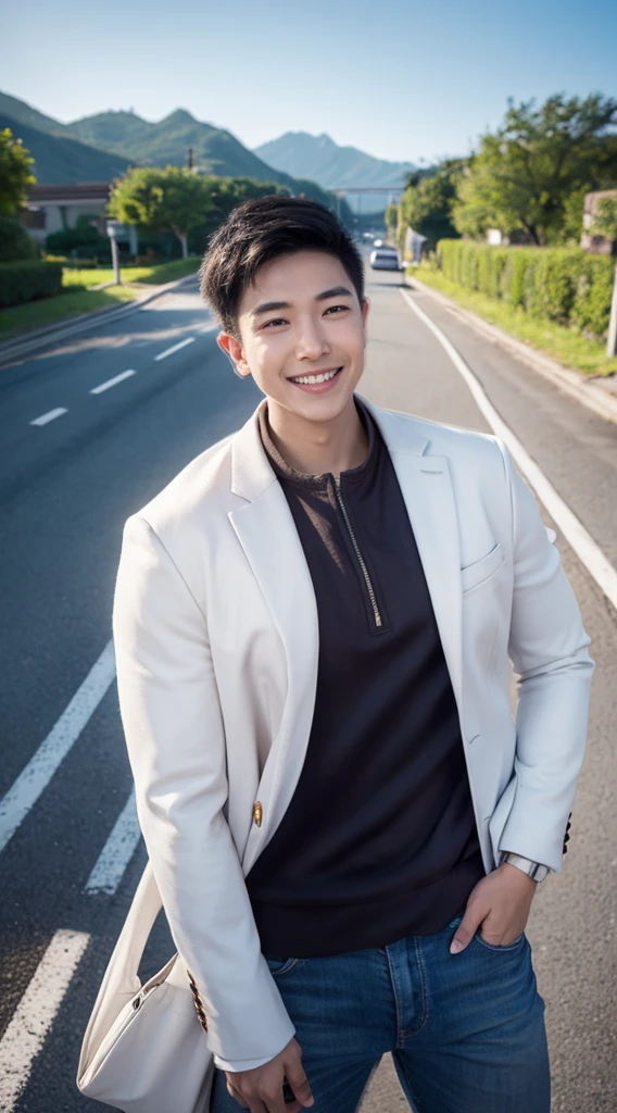 Masterpiece, best quality best, ****ung man, Asian man, East Asian people, one person, The muscles are in good proportion., Posing obscenely, short hair details，smile, white teeth, jacket set, road background, Realistic style，photography，Can be seen from the front, see viewers