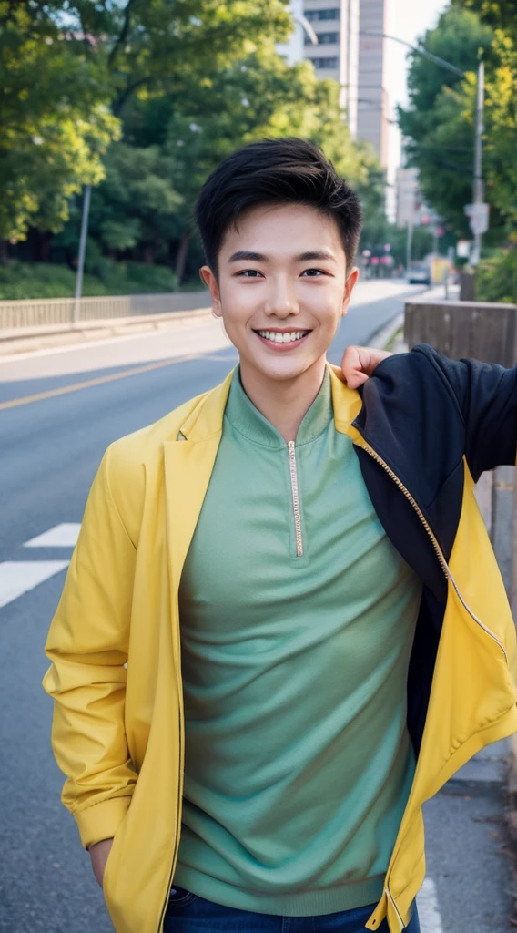 Masterpiece, best quality best, ung man, Asian man, East Asian people, one person, The muscles are in good proportion., Posing obscenely, short hair details,smile, white teeth, jacket set, road background, Realistic style,photography,Can be seen from the front, see viewers