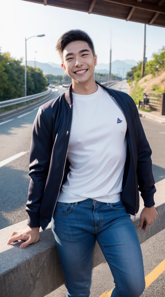 Masterpiece, best quality best, 1 young man, Asian man, East Asian people, one person, The muscles are in good proportion., Posing obscenely, short hair details，smile, white teeth, jacket set, road background, Realistic style，photography，Can be seen from the front, see viewers