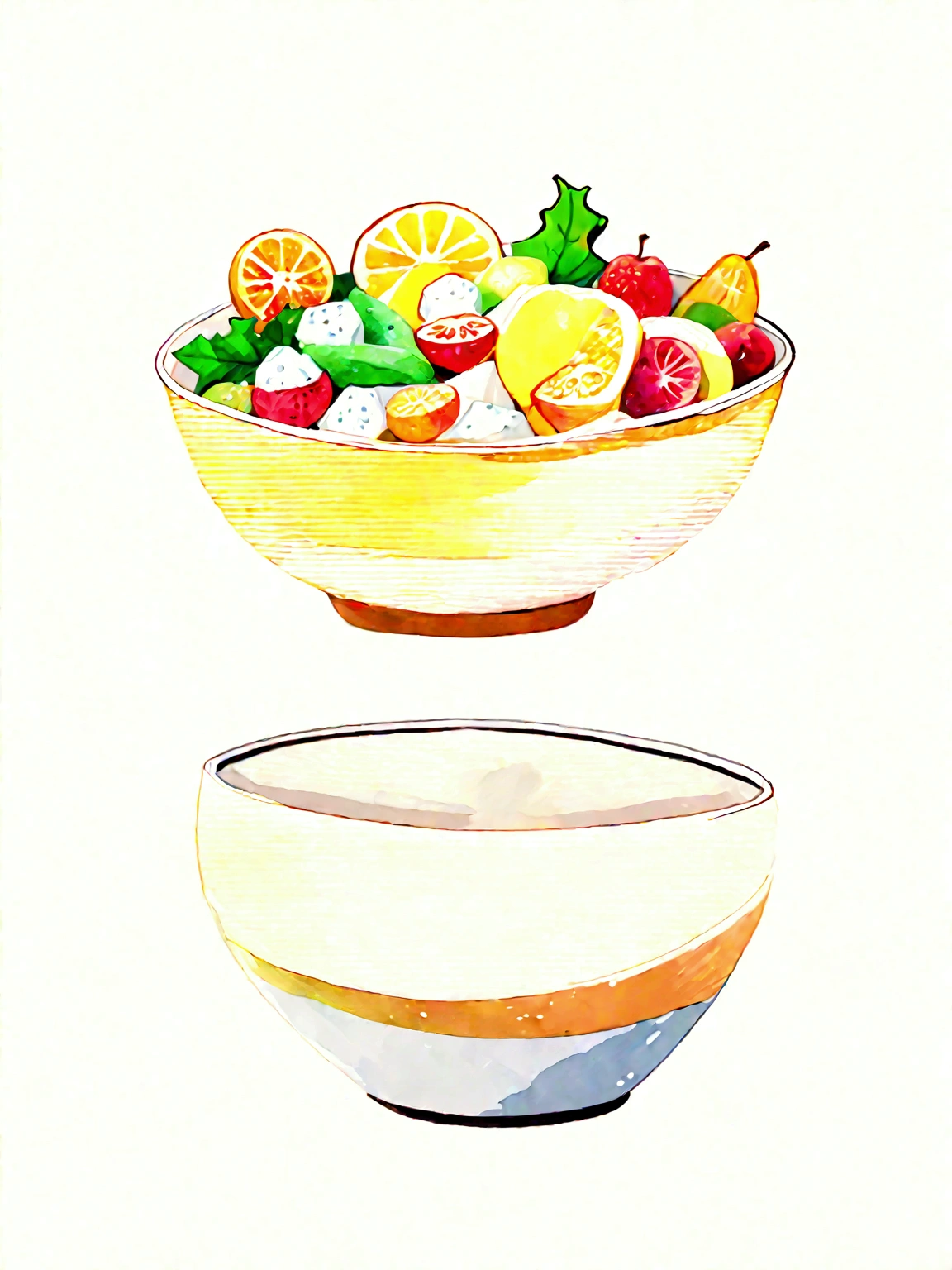 ((masterpiece)), 8k, super detail, award winning, highres, best quality, accurate,((best quality:1.2)), ((watercolor)), (((solid white background))), ((minimalist)), ((negative space)), a bowl full of fresh, healthy and vibrant color fruit salad, the bowl are made form wood, capture the fresh and delicious taste from the food, ((watercolor)), no object clip, no shadow clip, no blur, no human, no person, no text, no symbol,