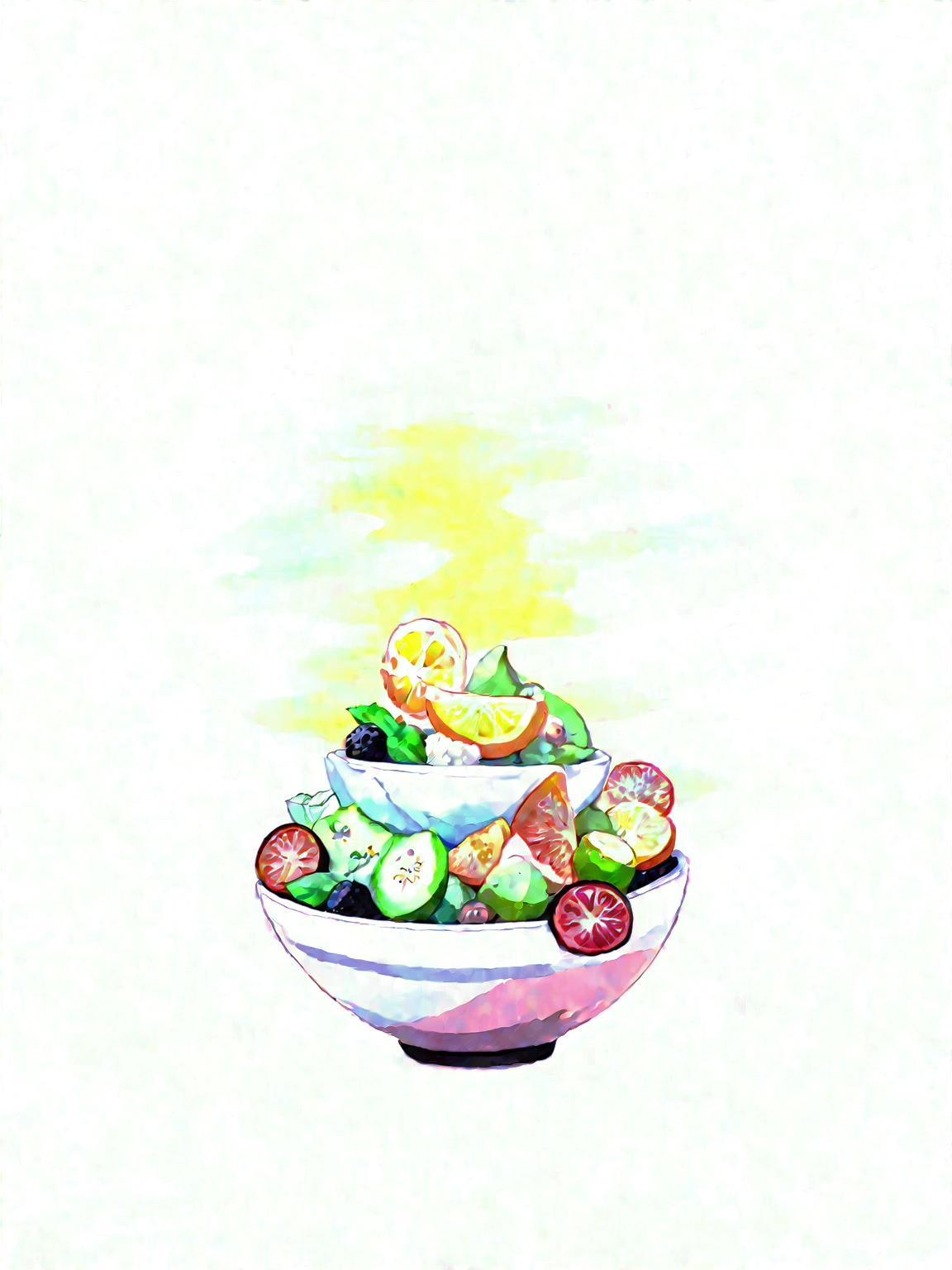 ((masterpiece)), 8k, super detail, award winning, highres, best quality, accurate,((best quality:1.2)), ((watercolor)), (((solid white background))), ((minimalist)), ((negative space)), a bowl full of fresh, healthy and vibrant color fruit salad, the bowl are made form wood, capture the fresh and delicious taste from the food, ((watercolor)), no object clip, no shadow clip, no blur, no human, no person, no text, no symbol, 