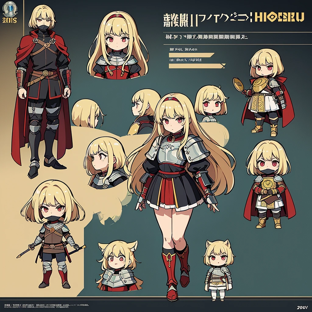 (Chibi Character)、((Full body character concept, Detailed character design、10 people))、Highest quality, Best Quality,Best illustrations、(((Iron Mask))),Medieval Armor、Medieval Knight、whole body is armor、(((20-year-old male)))、Run、