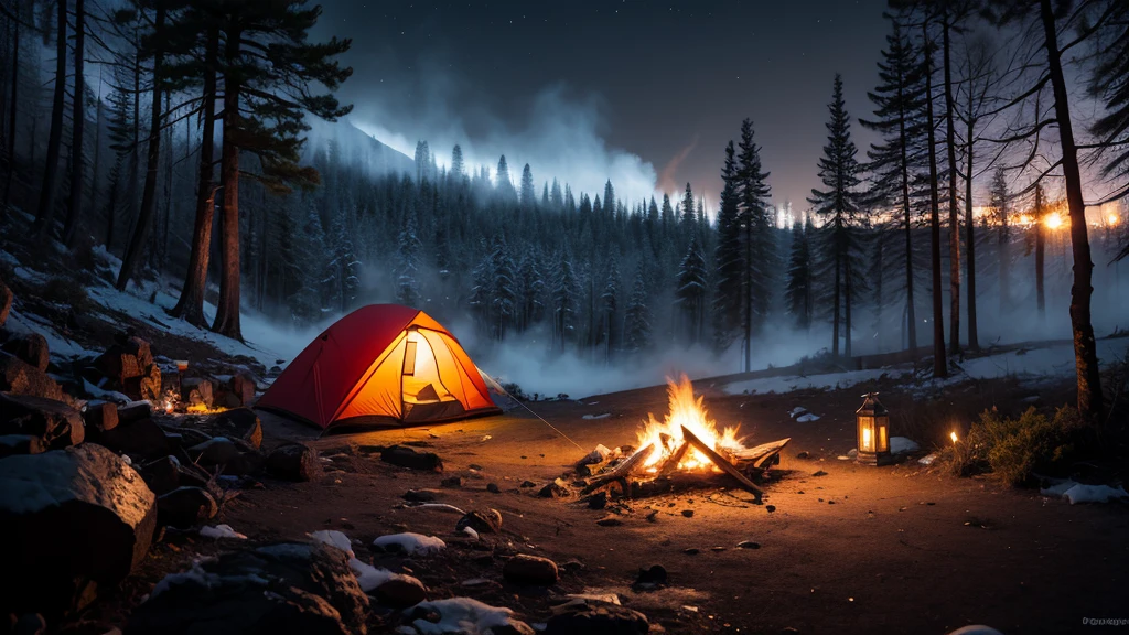 tent near a glass mountain in a large canyon, nighttime conditions lit firewood outside the tent, surrounded by icy forest, volcano emitting colorful smoke, the whole forest covered with many colors, aesthetic, very aesthetic, artistic, very detailed, masterpiece, light refraction, very detailed, very detailed, a masterpiece