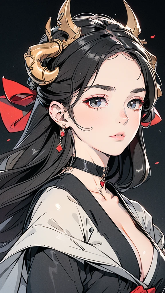 Seven Rhaeyar (Deylta), Ancient Star goddess, Perfect female anatomy (Royalty, Adult Female, 166cm in height, Cool pale skin, slim, slender, 34D breast size, Long Jet Black Hair, Gray Colored Iris , a set of Jet black colored horns on her head), Neutral facial expression, Elegant black uniform dress, female choker accessory with silver complimentary jewelry, dragon motifs, Black rope accessories, Simple Black Background, receiving light from the front, the focal point is her face, Ethereal glow, Red Rose petals falling, Japanese inspired, bring her very close up, face image, detailed features, high quality resolution, shoulder up portrait