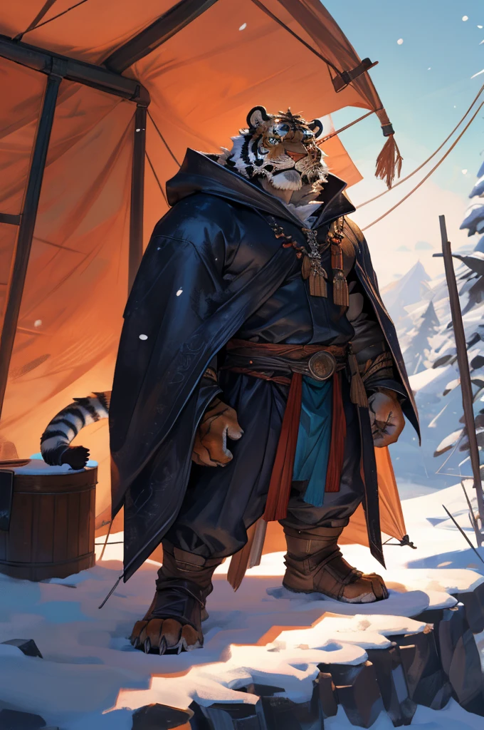 By taran fiddler, one male, solo, alone, tiger, looking at viewer, dad body type, one male tiger wearing a cloak, a cloaked tiger standing outside of a fabric tent, stern gaze on tiger, furrowed brows and serious expression, black pupils and white sclera, detailed facial expression, angry face, looking at viewer, going to open tent flap, outside of a tent, snowy background, dynamic angles, dynamic posing.