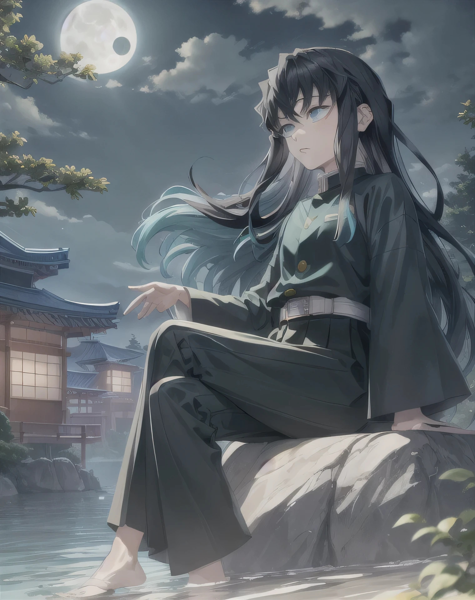 masterpiece, best quality, 1boy, muichiro,long hair, black hair, aqua hair, bangs, multicolored hair, sidelocks, long sleeves, aqua eyes, demon slayer uniform, pants, sitting, dark, moon, night, profil, view from far, old japanse architecture