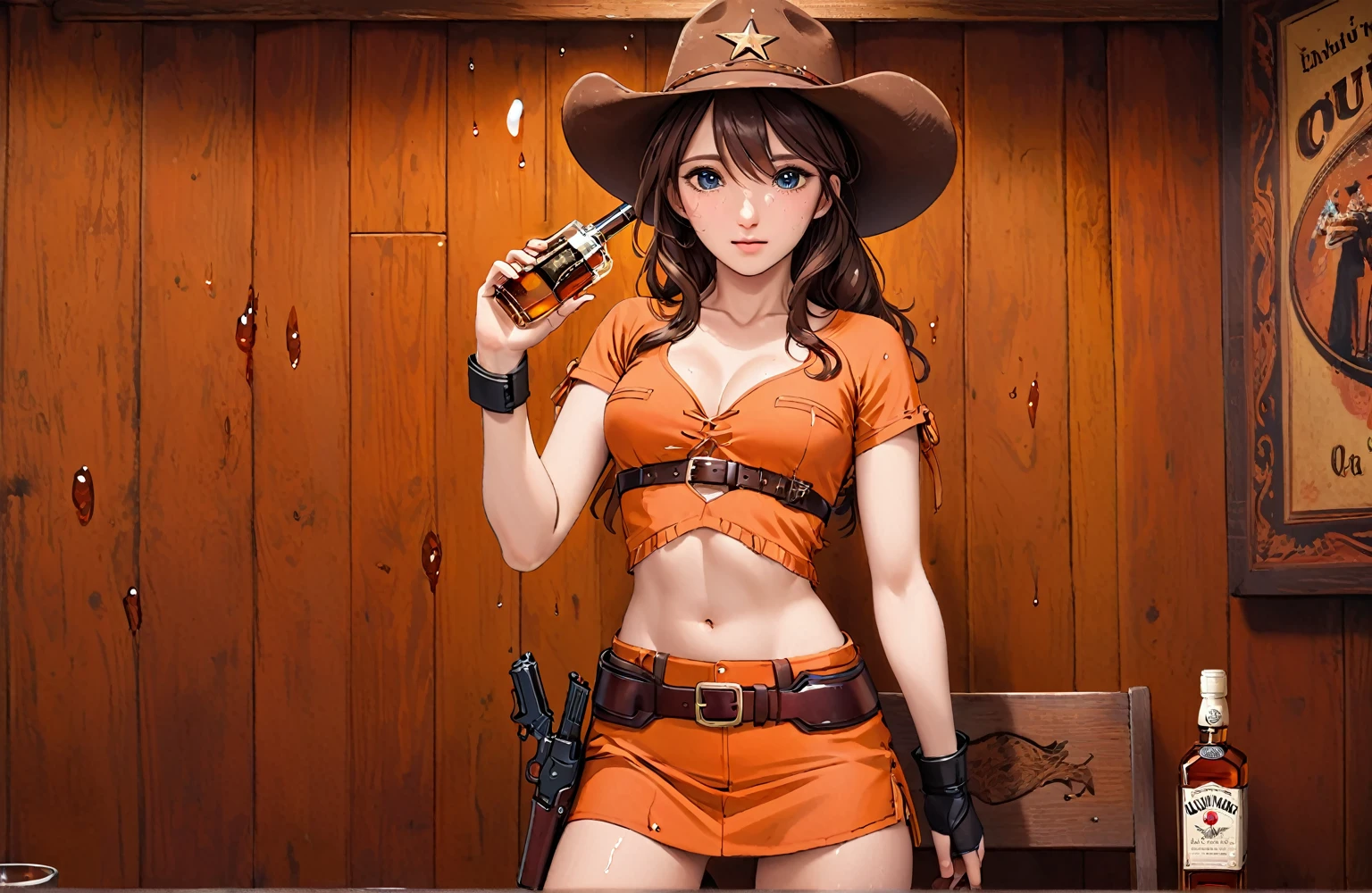 Beautiful naked Japan woman,Brown Bikini,(Wear a belt with a holster around your waist),(Wear western boots),Brown cowboy hat,watch,Being drunk,beer bottle,indoor,Above the knee shot,Lying in bed,hiccups　Abdominal vibration,Ultra-high resolution,24K