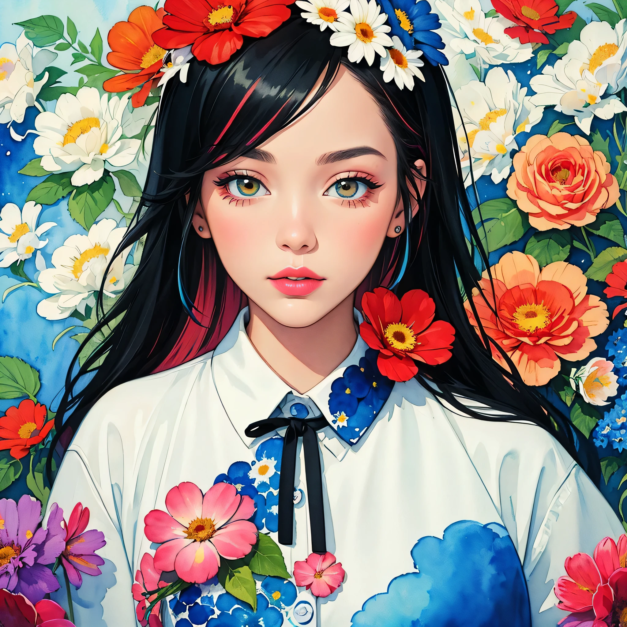 Black Star Red and White Style、(((stylish fashion))), 8K Quality、Intense watercolor, Detailed watercolor art, Watercolor splash, Surreal, avant-garde pop art, Beautiful and expressive paintings, Beautiful artwork illustration, Very colorful tones, wonderful, Cool beauty, highest quality、Official Art, Vector art, Stylish design, (((The most beautiful girl))), (((highest quality))), HDR, ((detailed)), (((Doodle Art)), ((masterpiece)), ((Super detailed)), (((Colorful flowers))),(((Stylish))), Lips in love