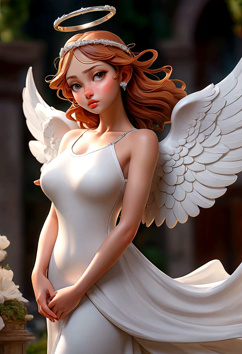 beautiful busty Angel, Wearing a gorgeous dress that covers the whole body, luxurly gawn,Floating in the air, angel wings, (angel ring:1.3), outdoor, detailed face, detailed eyes, detailed lips, detailed nose, detailed foot, full body shot, giga_busty