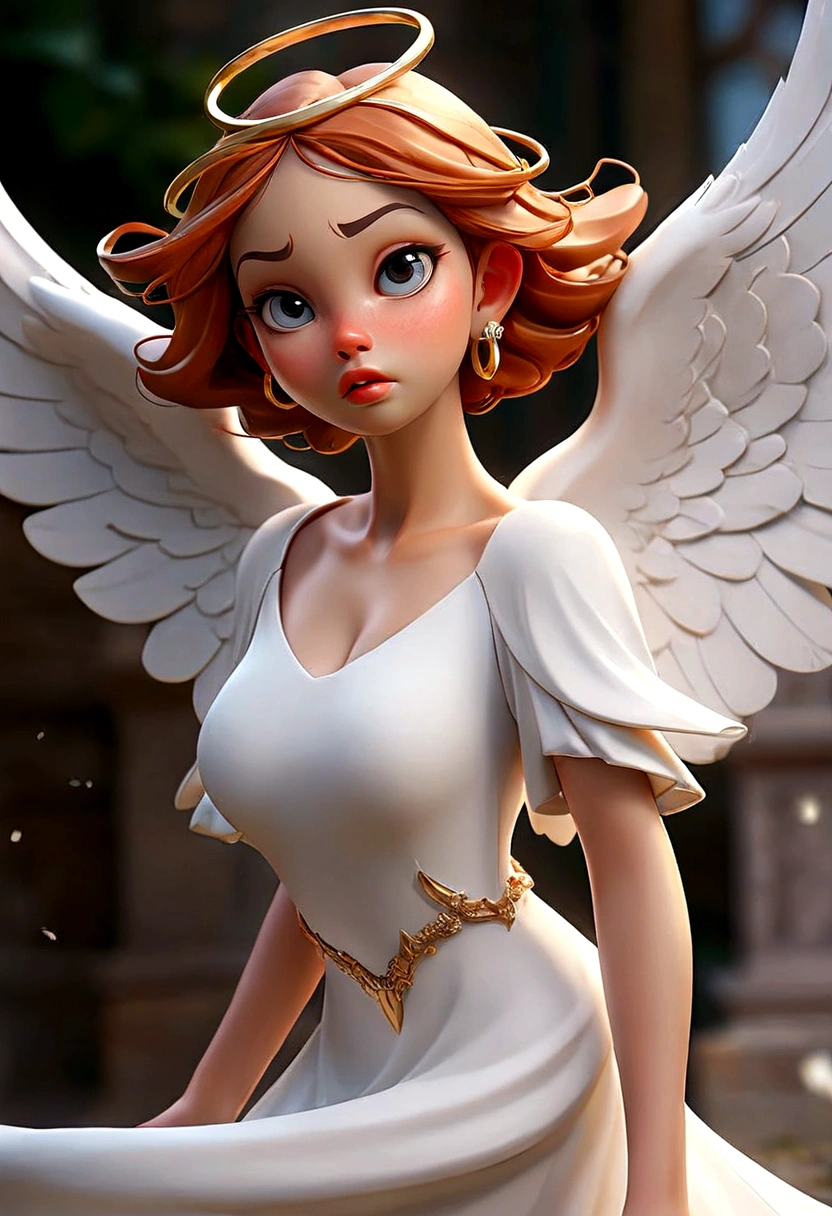beautiful busty Angel, Wearing a gorgeous dress that covers the whole body, luxurly gawn,Floating in the air, angel wings, (angel ring:1.3), outdoor, detailed face, detailed eyes, detailed lips, detailed nose, detailed foot, full body shot, giga_busty