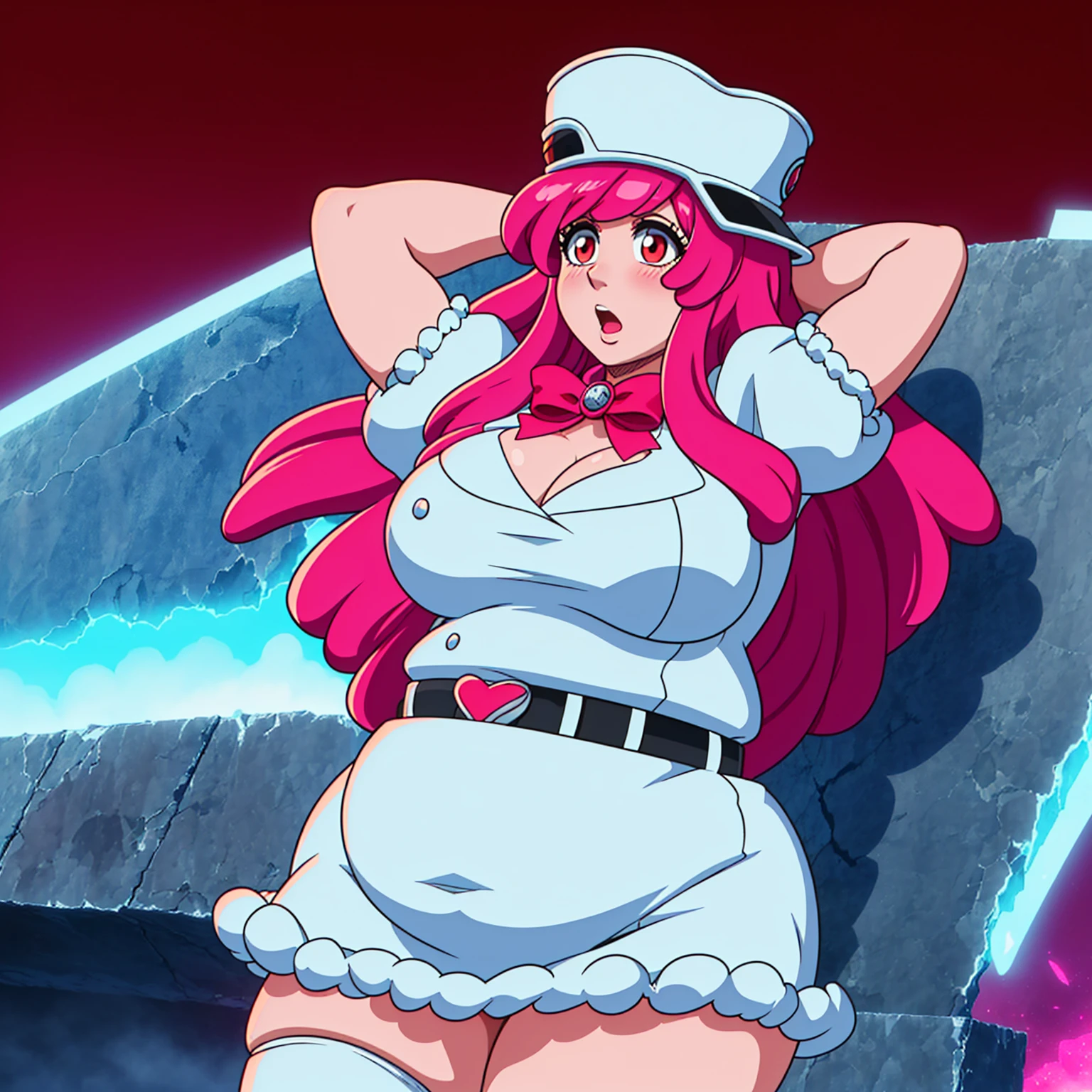 wings, blush, 1girl, solo, long hair, gloves, big breasts, cleavage, red eyes, hat, dress, pink hair, short sleeves, puffy sleeves, belt, puffy short sleeves, looking at viewer, thighhighs, ((big belly, massive belly, giant belly)), shocked, open mouth, (hands behind head:1.4), (solo:1.5)