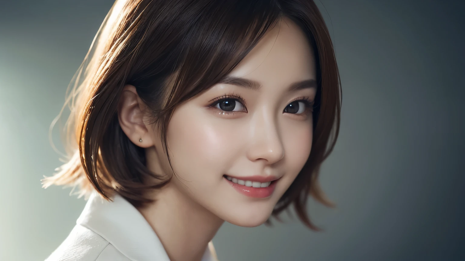 One Girl, (Dress in trendy fashion:1.2), (RAW Photos, highest quality), (Realistic, Photorealistic:1.4), Tabletop, Very delicate and beautiful, Very detailed, 2k wallpaper, wonderful, In detail, Very detailed CG Unity 8k wallpaper, Very detailedな, High resolution, Soft Light, Beautiful detailed girl, looking at the camera、Very detailedな目と顔, Beautifully detailed nose, Beautiful fine details, short Hair, small, business suit、White background、Background is white、Cinema Lighting, Perfect Anatomy, Slender body, smile,