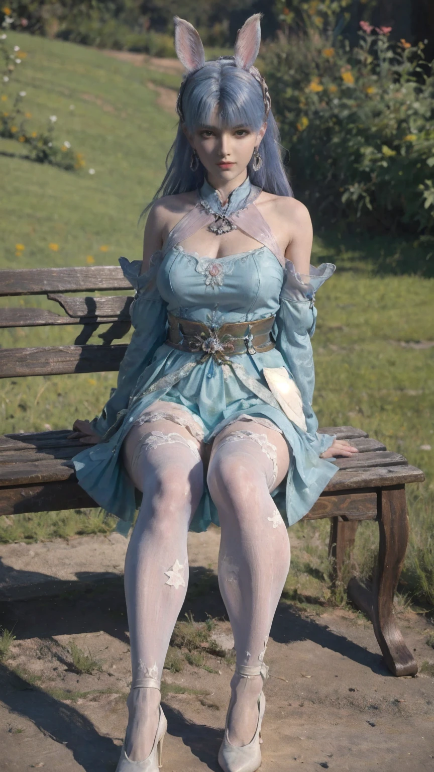 best quality, High resolution, Unique image, 1 girl, Animal ears, armpit, Put your arms behind your head, Bangs, bare shoulders, blue footwear, blue hair, blue tights, braid, Chest, brown raise your legs, shut your mouth, bench, Cover belly button, curtain, Split collar, earrings, Eyebrows visible through hair, fake Animal ears, fake Tail, garters, gradient hair, green eyes, High heel, high legs, high legs tights, huge Chest, jewelry, large Chest, tights, light blush, looking at the audience, messy hair, colorful hair, on bench, Pillow, a playboy bunny, Rabbit ears, rabbit Tail, short hair, side lock, sitting, alone, swept Bangs, Tail, raise your legs, changes through