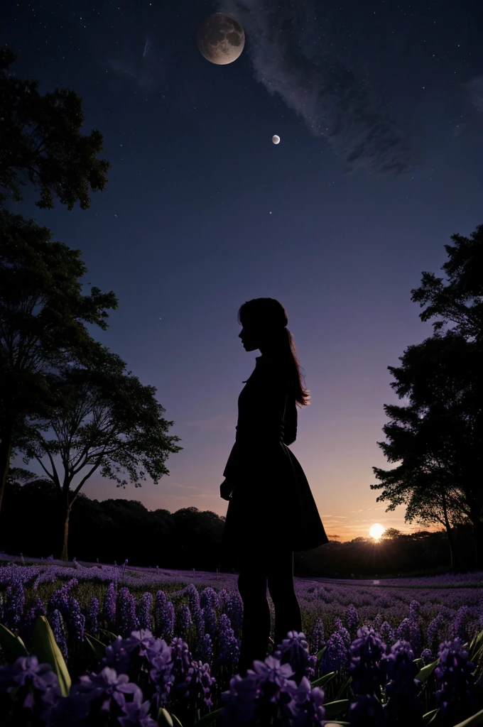 A girl silhouette standing infront of a huge moon, deforested trees and one purple hyacinth