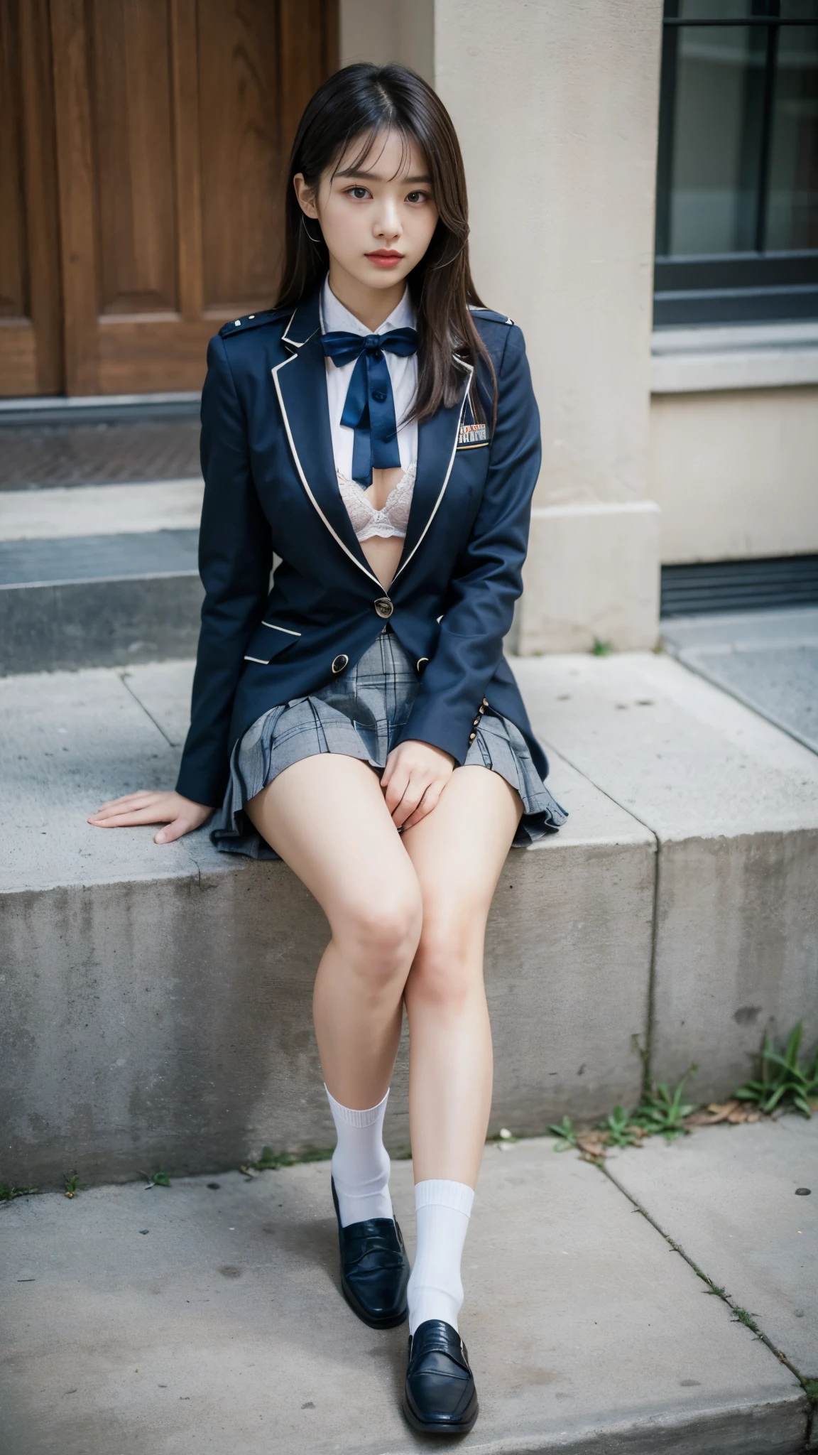 Top quality, high image, 1 woman, 18 years old, school stairs, black jacket, Medium breasts,white blouse,(plaid miniskirt), cotton panties,upskirt,from below1.3、Smiling beautiful girl、、Crouched down, looking at me