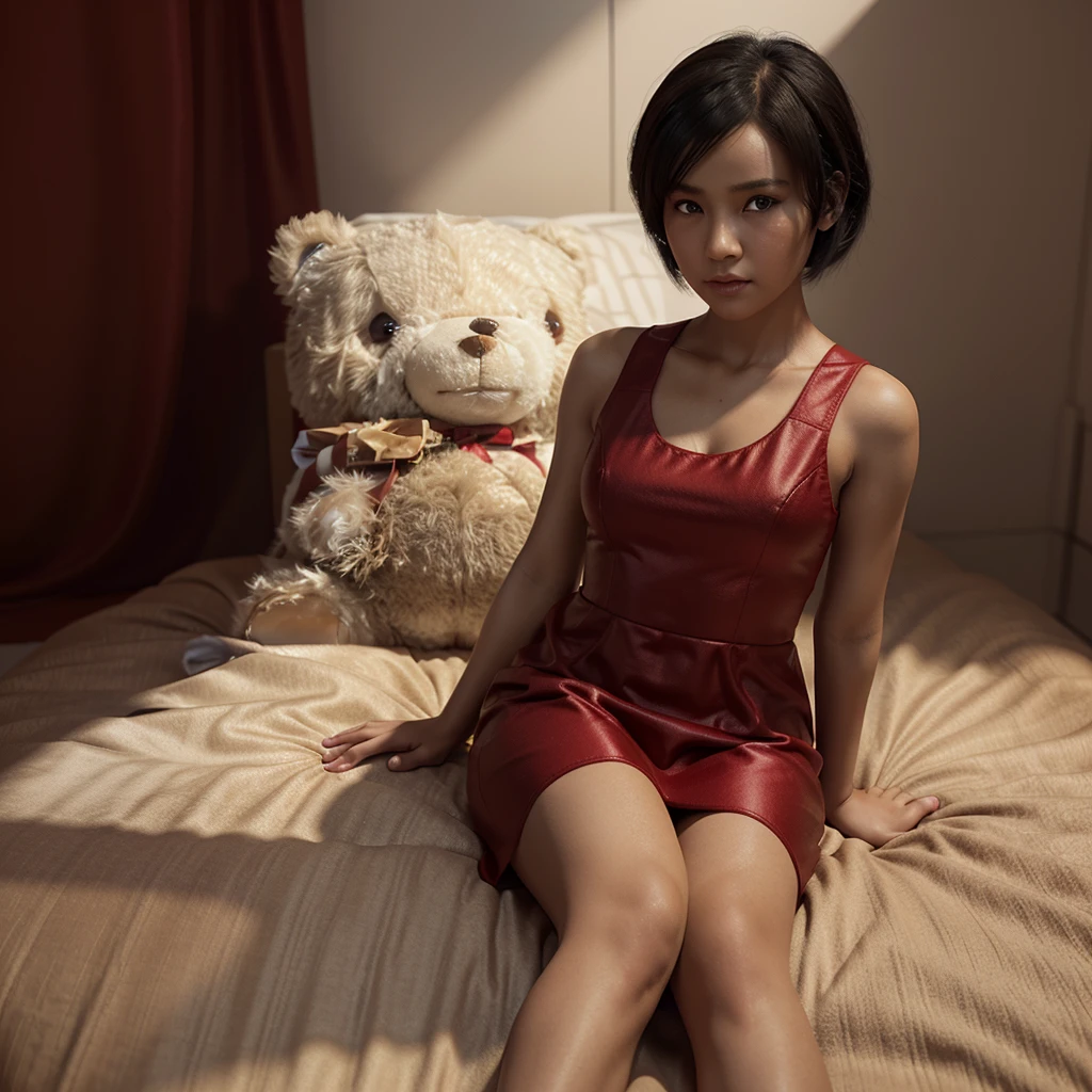 A photo of an 6-year-old Ada Wong wearing a red dress and holding a teddy bear. Slim, short black hair, brown eyes, fair skin. (Resident Evil video game style)