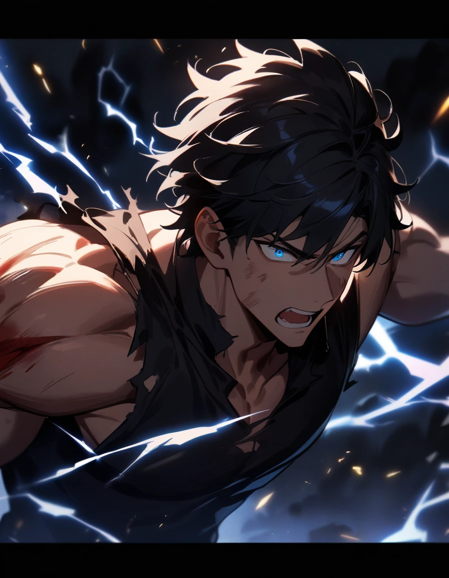1boy, male focus, blue eyes,black hair, injury, electricity, masterpiece, best quality, very aesthetic, absurdres, dynamic pose, detailed face, beautiful eyes, intense expression, electricity sparks, muscular build, torn clothing, detailed texture, glowing effect, cinematic lighting, vibrant colors, dramatic atmosphere, dark background