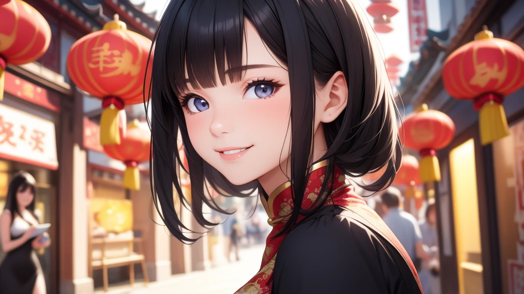 European girl portrait,alone,20-year-old,Beautiful Face,Medium Sidecut, Black Hair, Sharp focus,(China dress),Chinatown,Big Breasts,smile