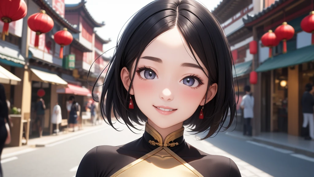 European girl portrait,alone,20-year-old,Beautiful Face,Medium Sidecut, Black Hair, Sharp focus,(China dress),Chinatown,Big Breasts,smile