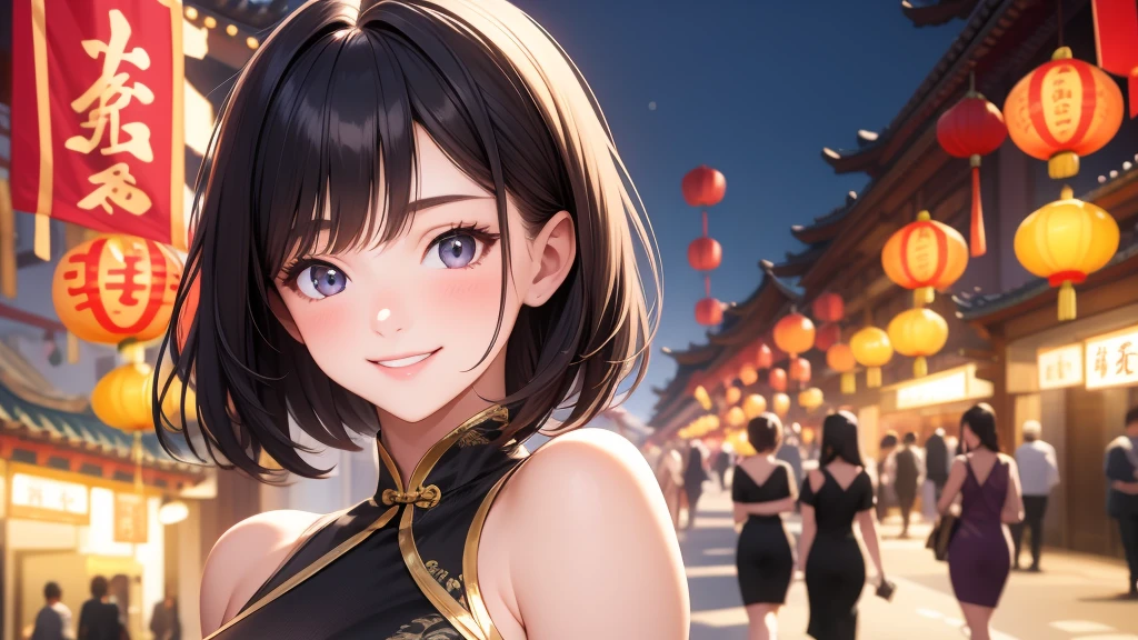 European girl portrait,alone,20-year-old,Beautiful Face,Medium Sidecut, Black Hair, Sharp focus,(China dress),Chinatown,Big Breasts,smile