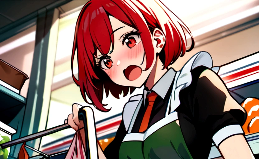 masterpiece, Highest quality, Female college student、 Traditional maid, red blush, Open your mouth, Looking_in_Audience, red_eye, red_hair, short_hair, solo, upper_body, Hold Cart, food, Vivid background, supermarket,, window,(masterpiece、Highest quality、High resolution) 、sprawl bed