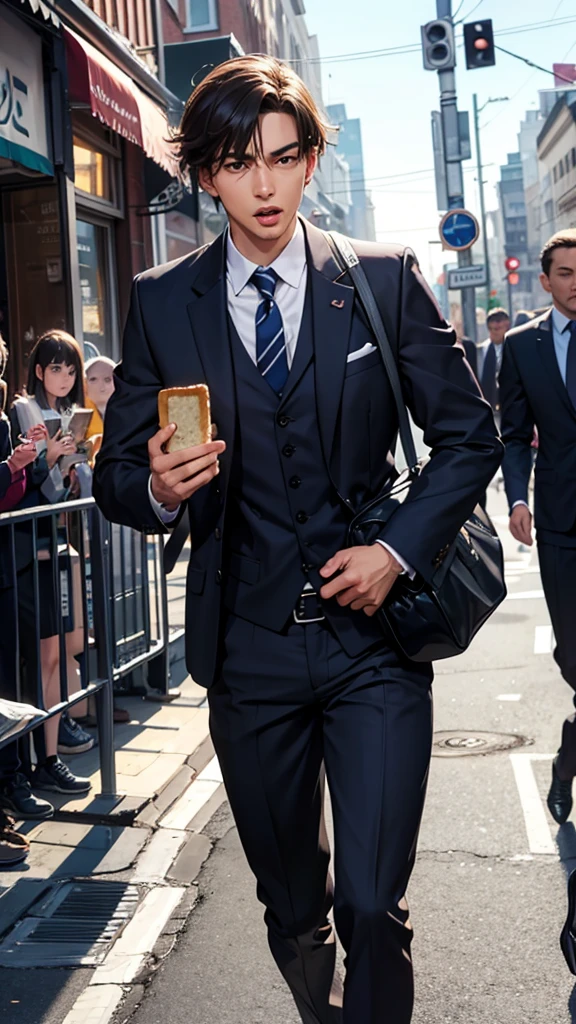 Wear a suit and run with a piece of toast in your mouth