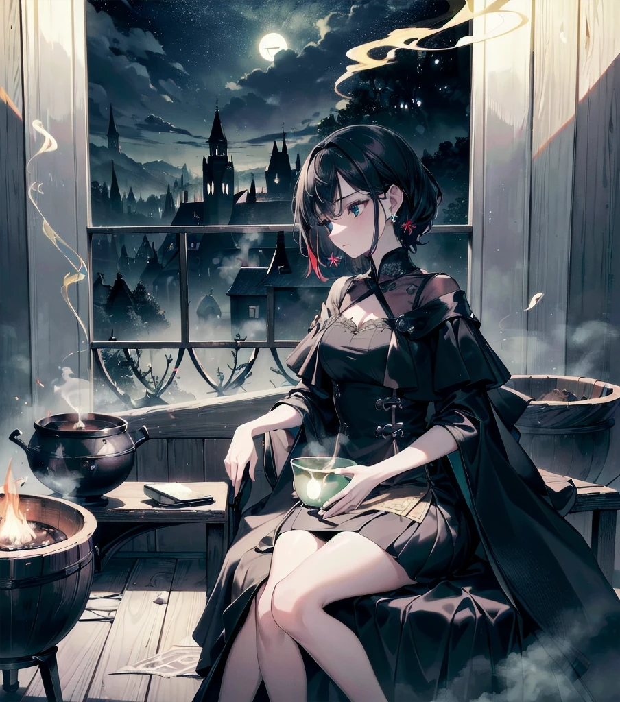 (((((absurdres, RAW photo, extremely delicate and beautiful, masterpiece, Best Quality, ultra high resolution, 32k, hyperrealistic, ultra-detailed))))), in her 20s, delicate facial features, tearful mole, earring, medium breasts, full body shot, shorter middle hair, black hair, beautiful witch in her alchemist room, working on her project with a steaming cauldron filled with green glowing smoke, against the backdrop of a fantasy night with a full moon and a view from the window, dressed in a traditional witch outfit,