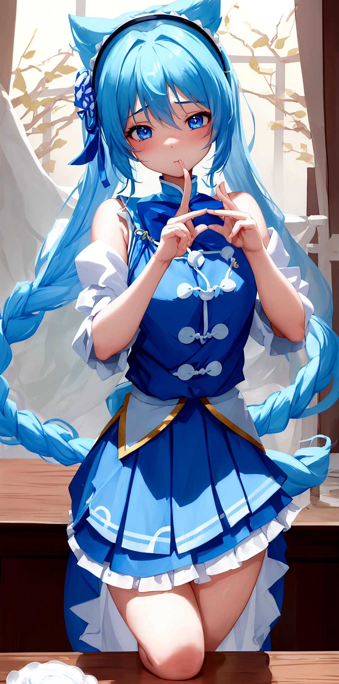 Luo Tianyi,girl,Blue braid,Powder blue skirt,Original table,Acting cute