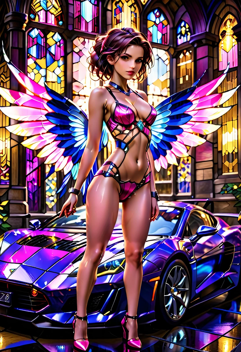 Arafed a ((stained glass artwork picture:1.5)) stained-glass, of a mech cyberpunk female angel standing in at the street at night near her sports car, night, an  exquisite beautiful cyberpunk female angel  wearing dark dress, wearing ((intricate glamour pink evening dress: 1.3)), (white angelic wings: 1.2), spread angelic wings, halo over the head, small cleavage, wearing intricate diamond necklace,  wearing elegant high heeled boots,   dynamic eye color, dynamic hair color, dynamic hair style,  standing near her (sports car: 1.3), cyberpunk street t background, full body shot, (Masterpiece: 1.5), Vibrant, Ultra-high resolution, High Contrast, masterpiece:1.2, highest quality, Best aesthetics), best details, best quality, highres, ultra wide angle, 16k, [ultra detailed], masterpiece, best quality, (extremely detailed), Mechanical Creatures, intense gaze