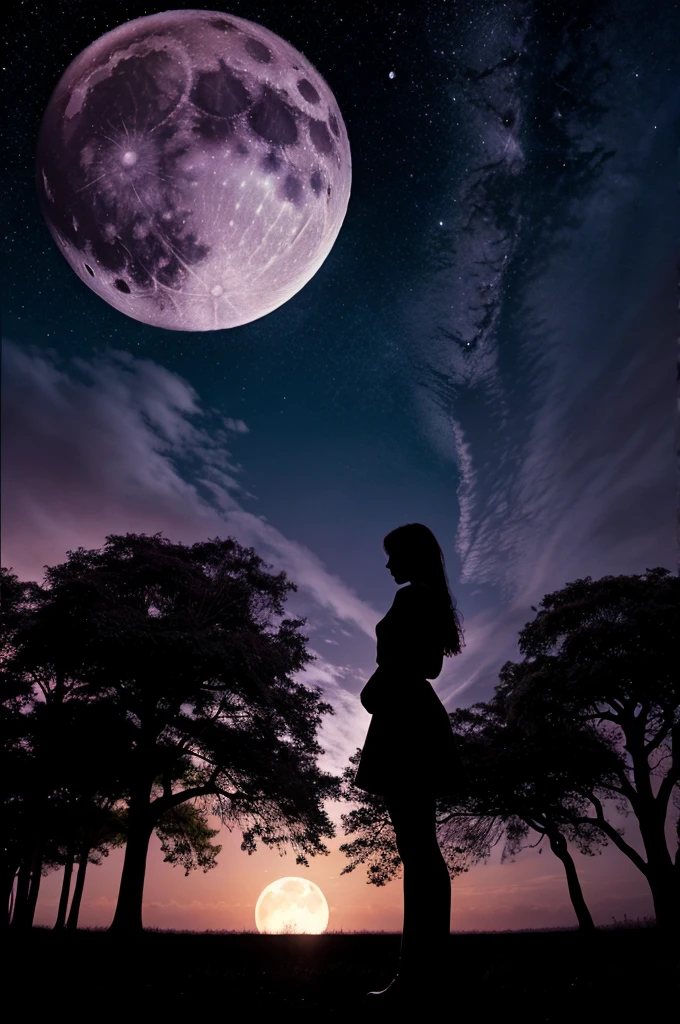 A girl silhouette standing infront of a huge moon, deforested trees and one purple hyacinth