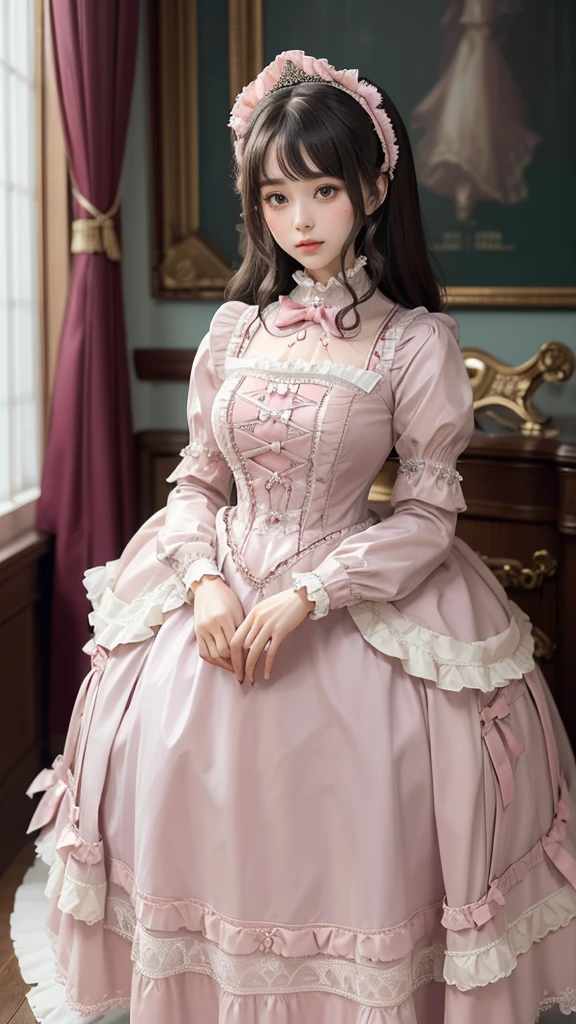 highest quality, masterpiece, highest resolution, artwork, super それにget used to it, many get used to it, get used to it, それにget used to it,, woman,cute woman,((lol)),((All 25 year old womams)),womans a princesses,everyone wears a tiara on their head,((all have volume,She is wearing a pink Victorian ball gown dress with a full-length hoop skirt)),the dress is round and bulging,(Long sleeves with ruffles),((A long dress that almost touches the floor)),A dress with lots of frills and ribbons..,((ruffle yoke collar)),luxury,inside the palace,Satin fabric dresses,