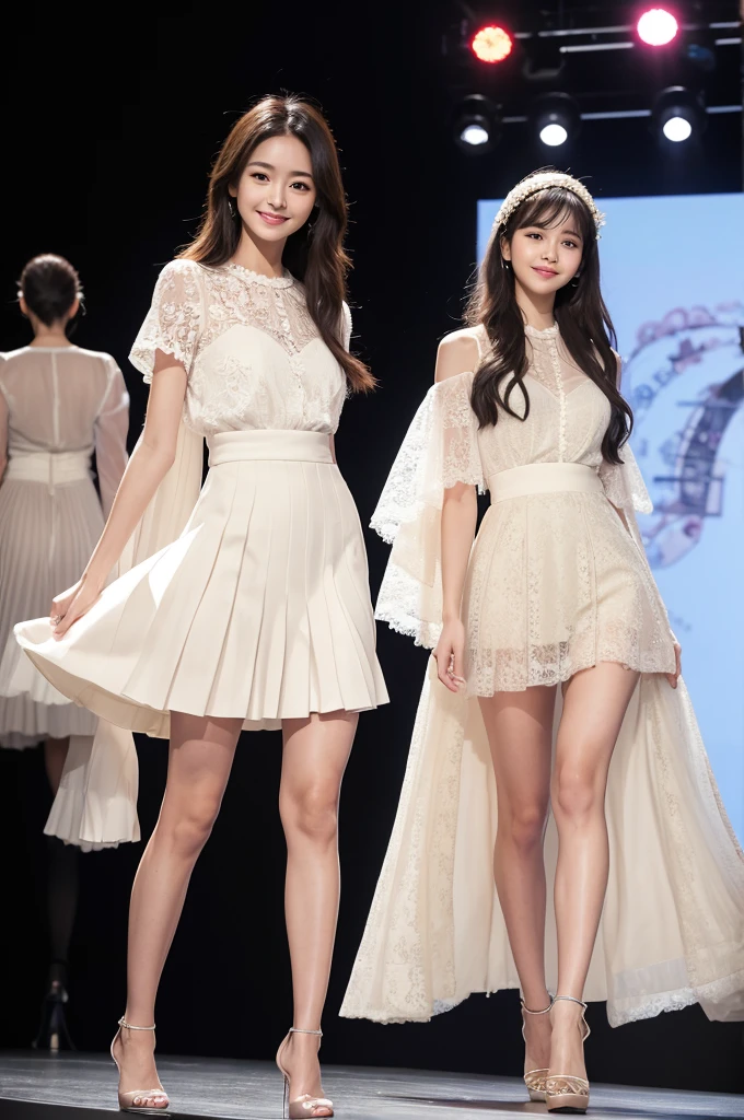 A rainbow skirt with fine pleats sways gracefully.、Sheer blouse、Walking towards me on the runway at a fashion show、The eyes are round and large.、A woman with a cute smile that shows her white teeth, a large bust, a small waist, and a slender figure.、White skin、Japanese woman with long wavy hair、A cute round-faced 20-year-old girl、Slim figure、Wearing high heels、A bright, photographic-quality image showing your entire body, from your high heels to your head、Walking towards me on the runway at a fashion show