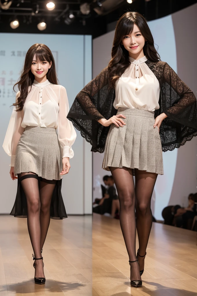 Amazingly large eyes、Smiling face、H cup bust、50cm waist、Slender and fair-skinned、Japan woman with long hair、20-year-old、Slim figure、Wearing a pale-colored pleated skirt and a sheer lace blouse、Wearing high heels。On the runway at a fashion show、Her whole body was shown, from her high heels to her head, as she walked towards the viewer.、Bright, photo-quality images。
