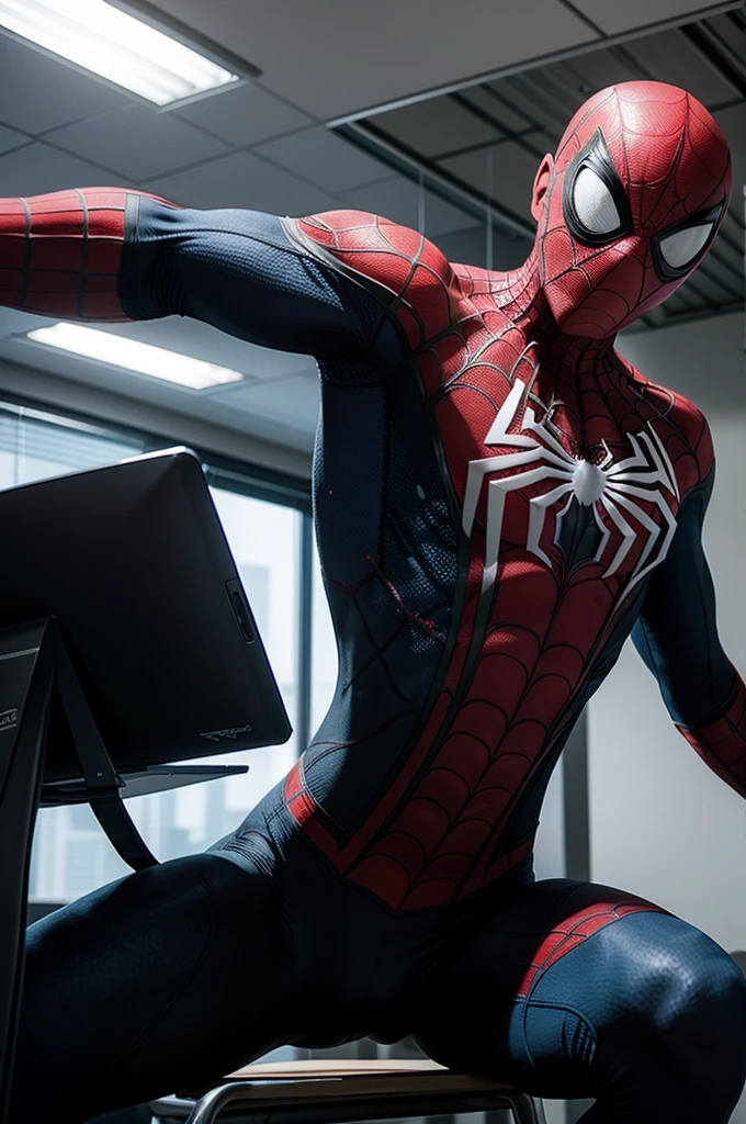 Spiderman 2099 fighting Carnage , in a office 