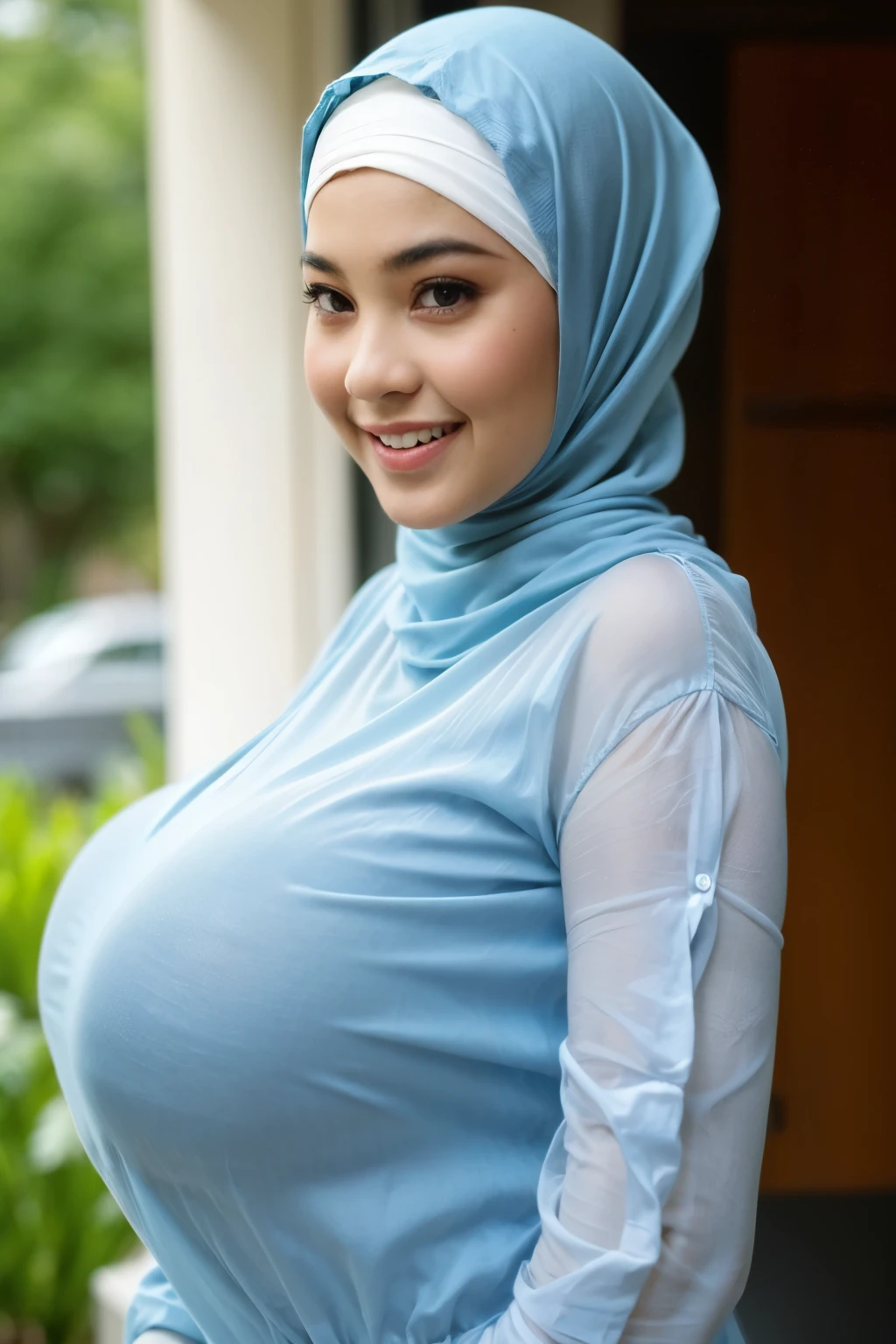 Chubby adorable, 1 girl, (face to face), , baby face, hf body portrait, (face details: 1), (eye details: 1), ((big breasts)). wearing transparent transparency soft soft long shirt, hijab, .. Cute posed. proportional body. Ultra High Res. realistic: 1.4, UHD, (floral pattern), view from side seductive pose