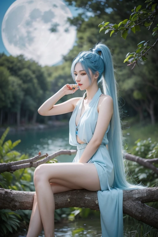 view from side body, looking back, elf girl, kim chaewon as a sexy elf, kim chaewon is a petite girl, 1girl, forest background, kim chaewon, petite girl, small breast, petite figure, long light blue hair, face front, nudity, emotional face, make up, masterpiece, best quality
