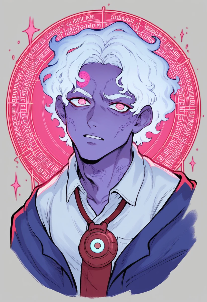 a man with glowing head and arms in front of a purple light, aura de nebulosa em torno do assunto, cosmic horror concept art, portrait powerful magical scientist, Making Red Potions in Your Lab with Holographic Magic Circles, dark sci-fi art, aura negra brilhante, Galactic Entity, flying pages white shirt, short white hair