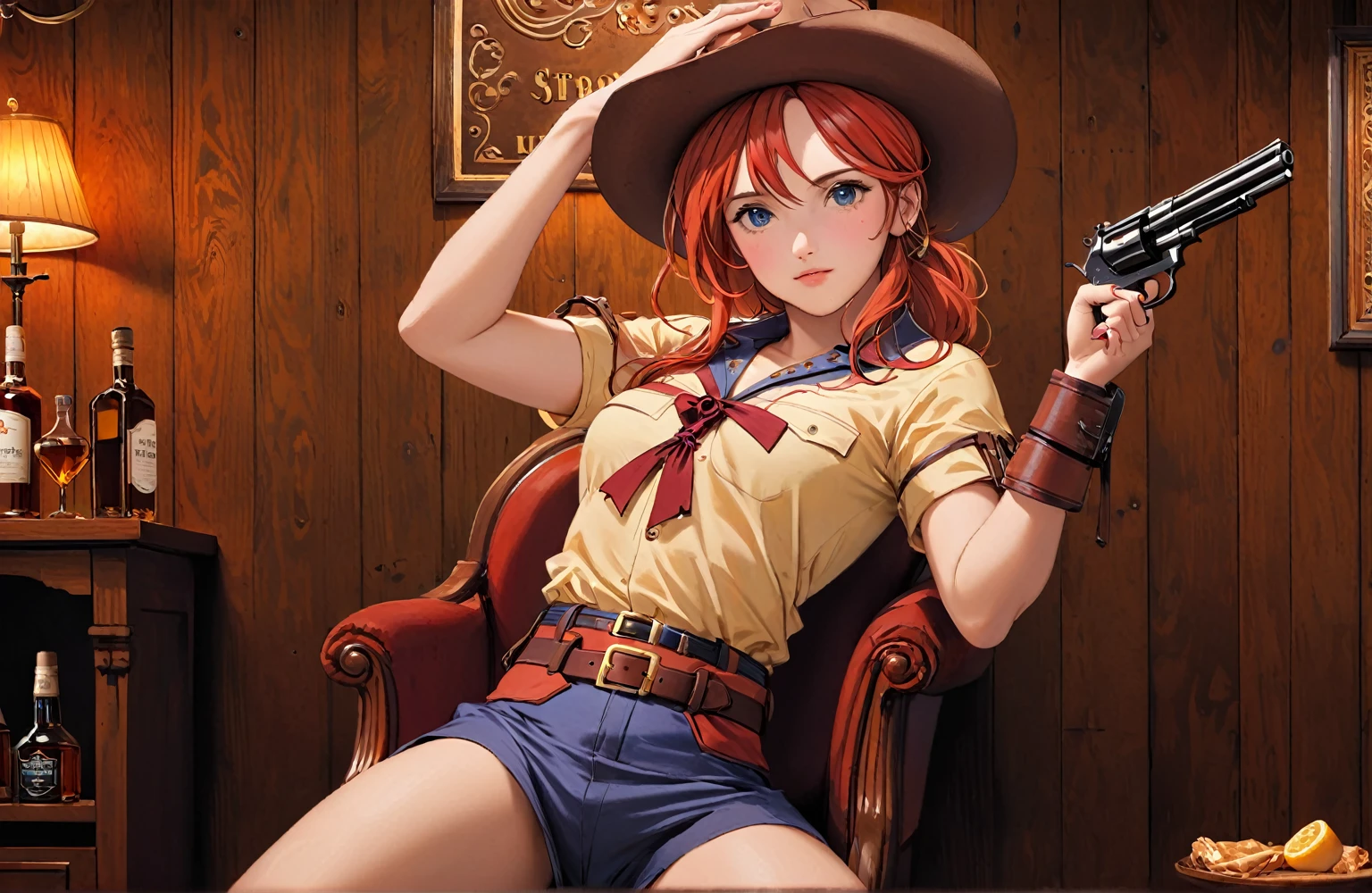 (((NSFW:1.5))),(((Nude:1.5))),score_9, score_8_superior, score_7_superior, とてもbeautiful, sauce_anime, detailed, high quality, beautiful, masterpiece, detailed eyes,((White monochrome background)),((Alluring face:1.2)) Hat Adjustment,Redhead, ponytail, blue eyes, freckles, Side Lock,Watch on wrist,Brown gun belt with holster,Cowboy hat, Cowboy boots, PDXL ,((Full Body Shot:1.5)),((Drunk:1.5))