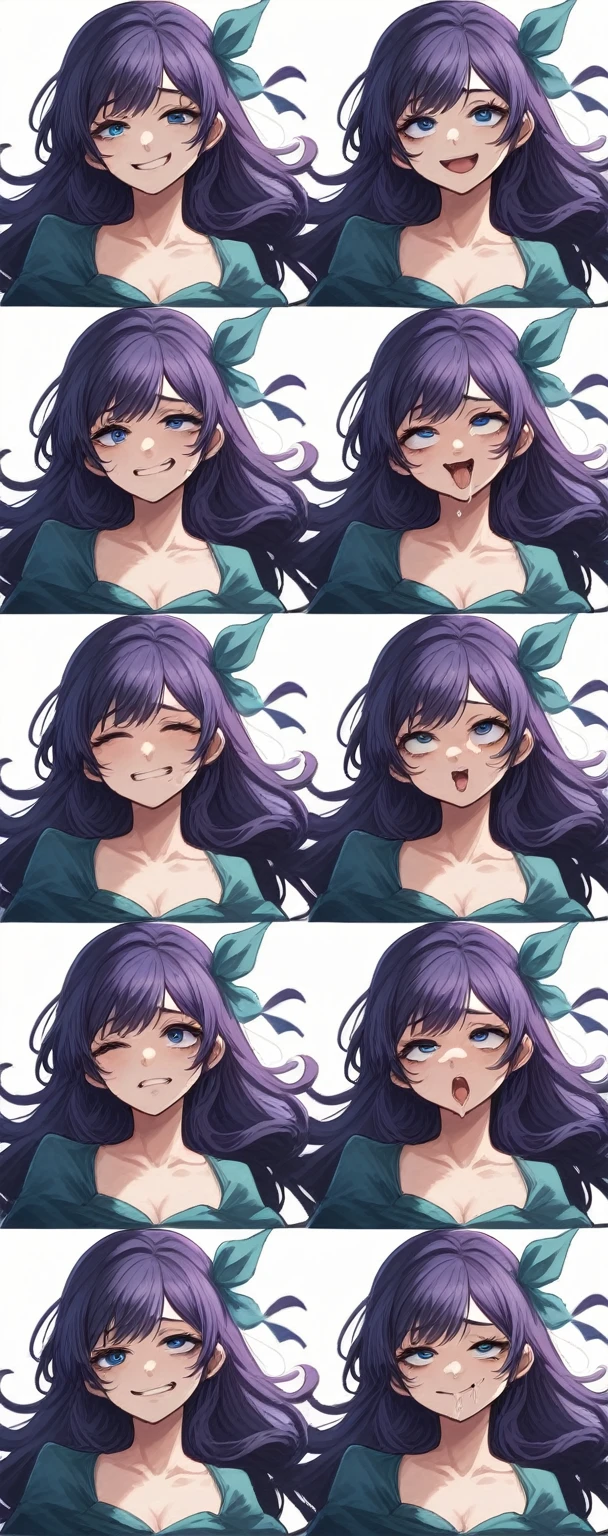 a close up of a woman with purple hair and blue eyes, anime moe artstyle, slightly happy facial expression, anime screenshot pattern, ahegao face, detailed digital anime art, full of expressions, cute expression, detailed facial expressions, detailed facial expression, anime style 4 k, sleepy expression, tired expression, facial expressions, ahegao, smirk expression