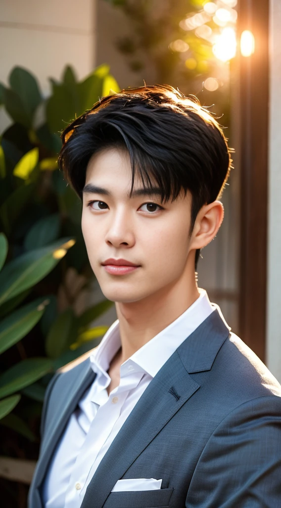 (realistically, Masterpiece, High resolution 8K, good light quality, Portrait, closed on face, complicated details), The most handsome Korean uncle., Beard,Age 40, Staring at desire, detailed face, Detailed eyes, look at the sky, shirt, suit lac suit,tick,黑Eyes, (Pale skin), body standards,brown hair, smooth hair,Big Back, Outdoor activities, evening, sunset,office room, Exaggerated, impersonal