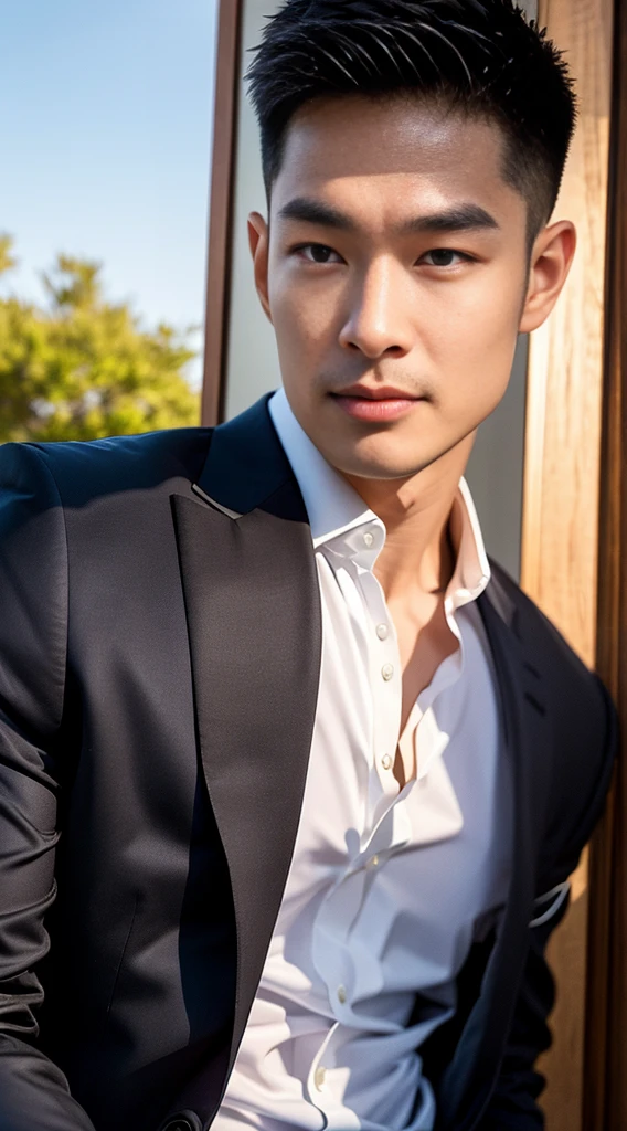 (realistically, Masterpiece, High resolution 8K, good light quality, Portrait, closed on face, complicated details), The most handsome Korean uncle., Beard,Age 40, Staring at desire, detailed face, Detailed eyes, look at the sky, shirt, suit lac suit,tick,黑Eyes, (Pale skin), body standards,brown hair, smooth hair,Big Back, Outdoor activities, evening, sunset,office room, Exaggerated, impersonal