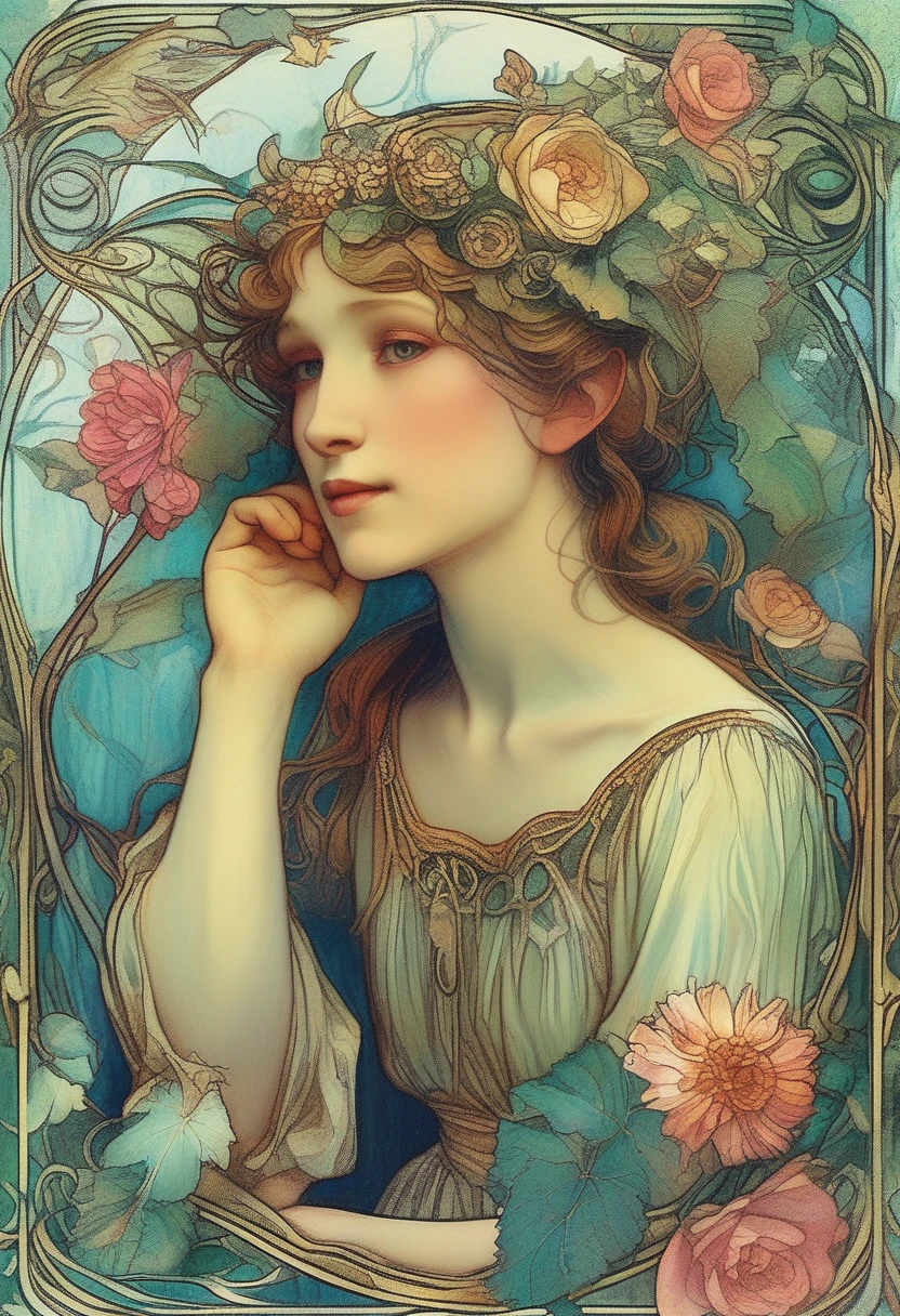 Illustration of a graceful fairy with delicate wings, surrounded by flowers and vines, in the style of Alfons Maria Mucha, detailed eyes, delicate wings, intricate patterns, flowing dress, magical and ornate scene, Art Nouveau, pastel colors, (best quality, 4k, 8k, highres, masterpiece:1.2), ultra-detailed, HDR, vivid colors, ultra-fine painting, professional, dreamy lighting