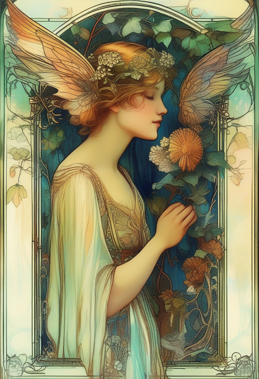 Illustration of a graceful fairy with delicate wings, surrounded by flowers and vines, in the style of Alfons Maria Mucha, detailed eyes, delicate wings, intricate patterns, flowing dress, magical and ornate scene, Art Nouveau, pastel colors, (best quality, 4k, 8k, highres, masterpiece:1.2), ultra-detailed, HDR, vivid colors, ultra-fine painting, professional, dreamy lighting