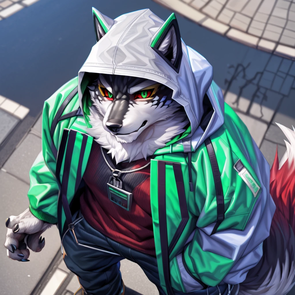 monomasa, furry, male, solo focus, wolf, tail, by kiyosan, by yupa, by Pino Daeni, (by null-ghost:0.8), (by drks:0.2), white hooded coat, hood up, pants, detailed eyes, black pupils, green eyes, red sclera, (yellow eyeshadow:0.8),  high-angle view, close-up, 