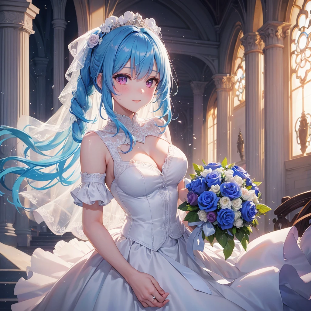 Sky blue hair, (One braided ponytail),(Pink Eyes),Fair skin ,(whole body),(One girl),bride,A big smile,Straight bangs, 6月のbride,Wedding dress,(masterpiece, Highest quality, Very detailed, Best Shadow), (Detailed Background), (Beautifully detailed face), High Contrast, (Best lighting, Very delicate and beautiful), ((Cinematic Light)), colorful, Hyper Detail, Dramatic Light, Intricate details,Chapel background,A bouquet of roses in the right hand,Ring on left ring finger,